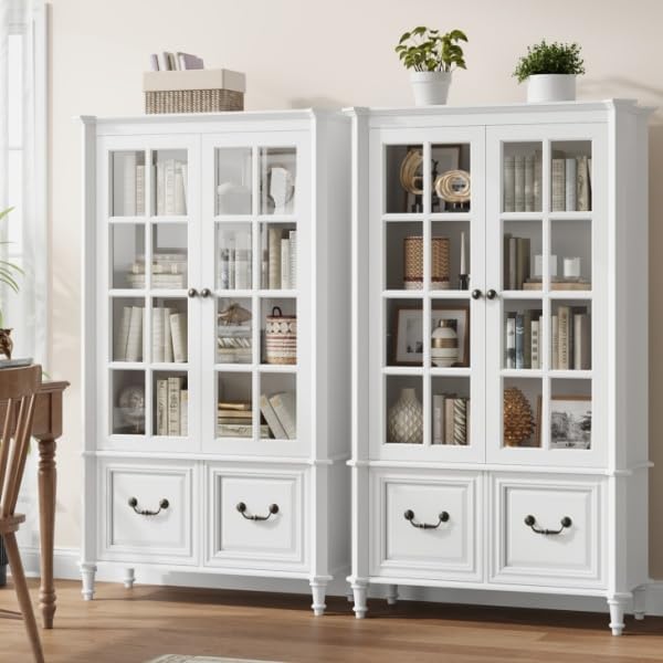 QUW 63" Tall Bookshelf with Glass Doors and Solid Wood Legs, Modern Book Shelf