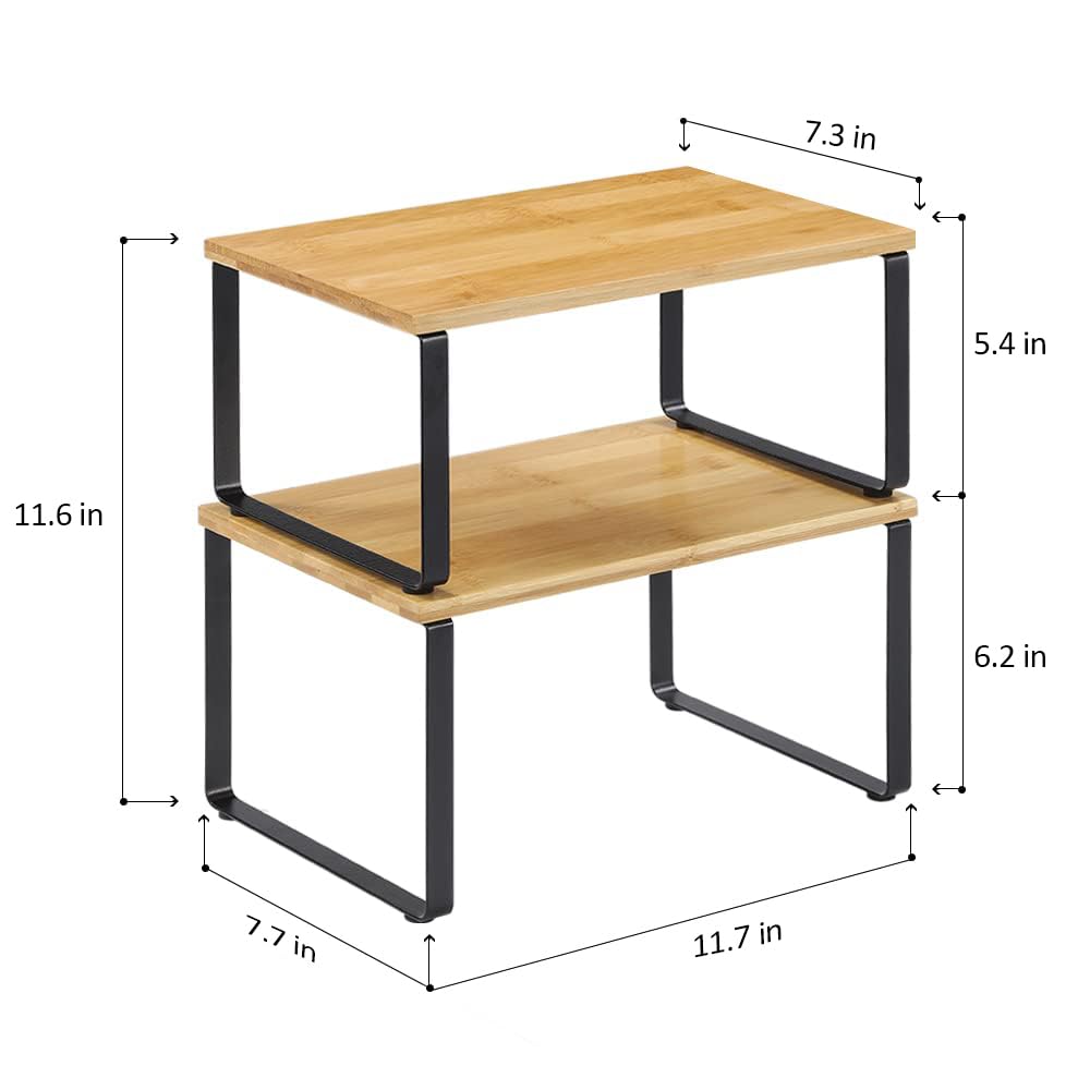 NEX Cabinet Organizer Shelf Set of 4, Stackable Kitchen Counter Shelves, Expandable Spice Rack Pantry Organizers, Bathroom Cupboard Storage Desk Riser, Bamboo and Metal, Black