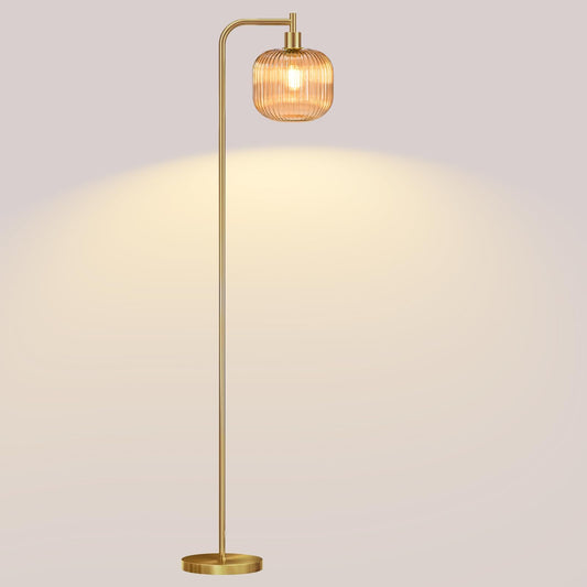 URLIGHTS Mid Century Modern Floor Lamp, 67" Tall Standing Lamp with Transparent Amber Glass Shade, Vintage Gold Floor Lamp for Living Room Bedroom, Stable 6.2lbs Weighted Base, ST64 LED Bulb Included