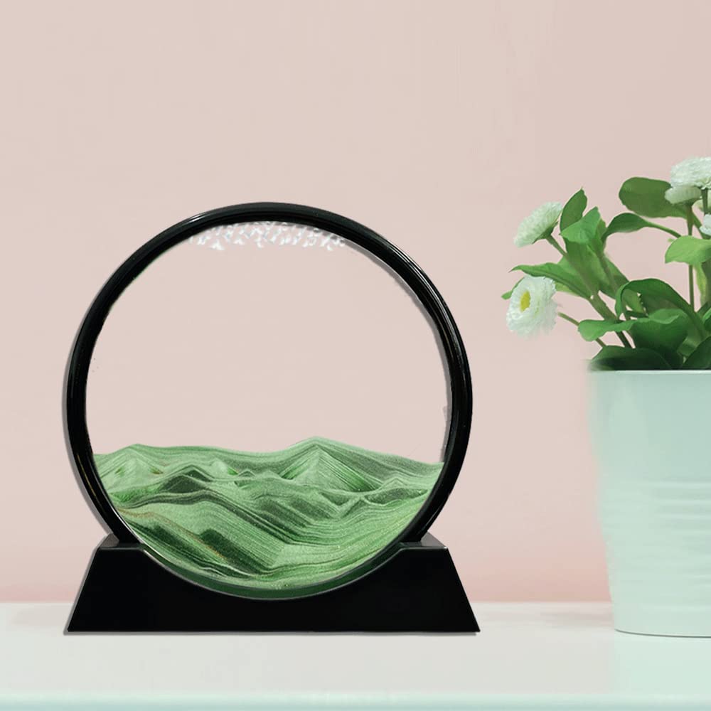 Aoderun Moving Sand Art Picture Round Glass 3D Deep Sea Sandscape in Motion Display Flowing Sand Frame Relaxing Desktop Home Office Work Decor (7", Green)