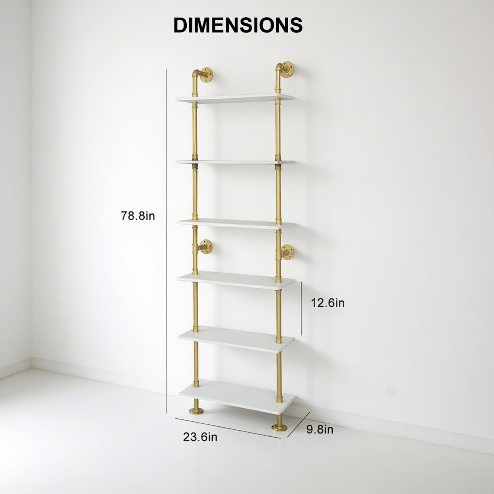 HEONITURE Industrial Gold Bookshelf-6 Tier Wall Mounted Ladder Bookshelf, Rustic Gold Storage Book Shelves Display Bookcases for Living Room/Home/Office