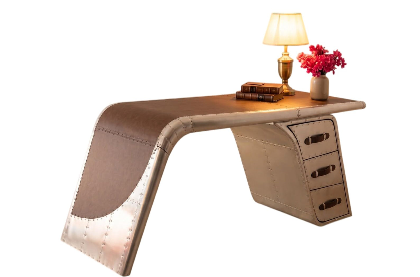 ARTIZANSTORE Industrial Aviator Wing Desk Handcrafted Aluminum Style with Leather Top Finish Office Furniture 68"