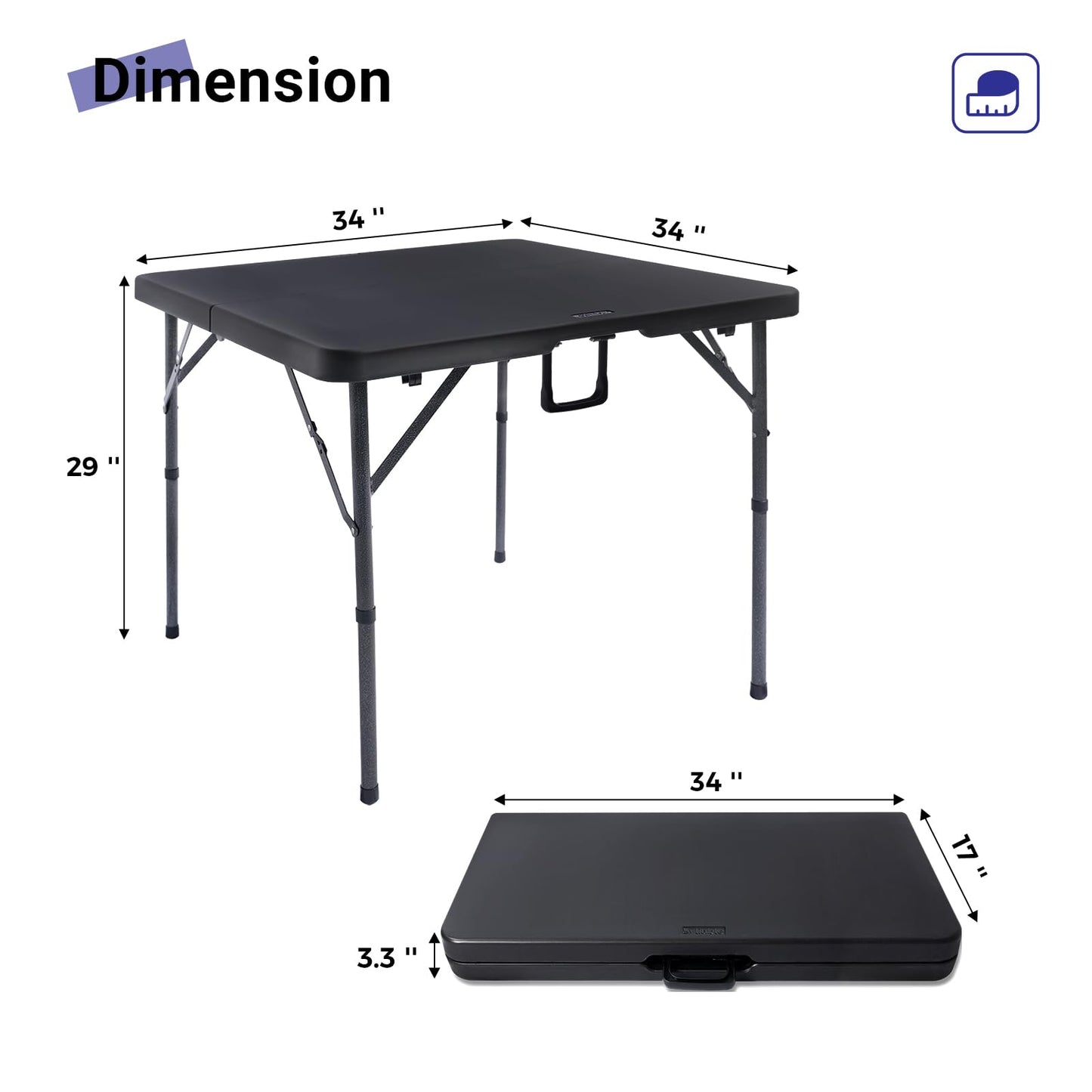 Byliable 34" Square Folding Card Table, Fold-in-Half Utility Dining Portable Table Heavy Duty HDPE Plastic Foldable with Carrying Handle Indoor Outdoor for Picnic, Camping, Party, Black