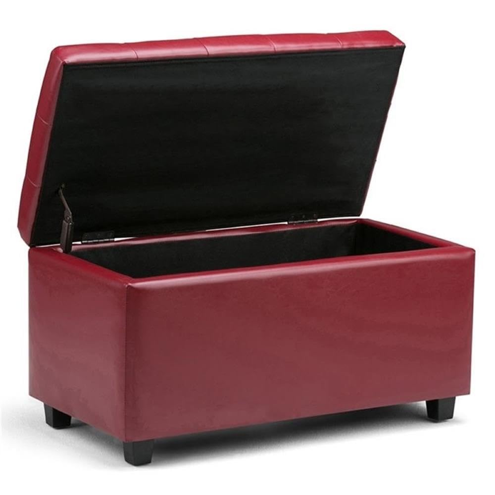 SIMPLIHOME Cosmopolitan Storage Ottoman - 34 inch Wide Upholstered Vegan Leather Rectangle Storage Ottoman Bench in Red, Transitional Tufted Ottoman for Living Room or Entryway with Lift-Up Lid