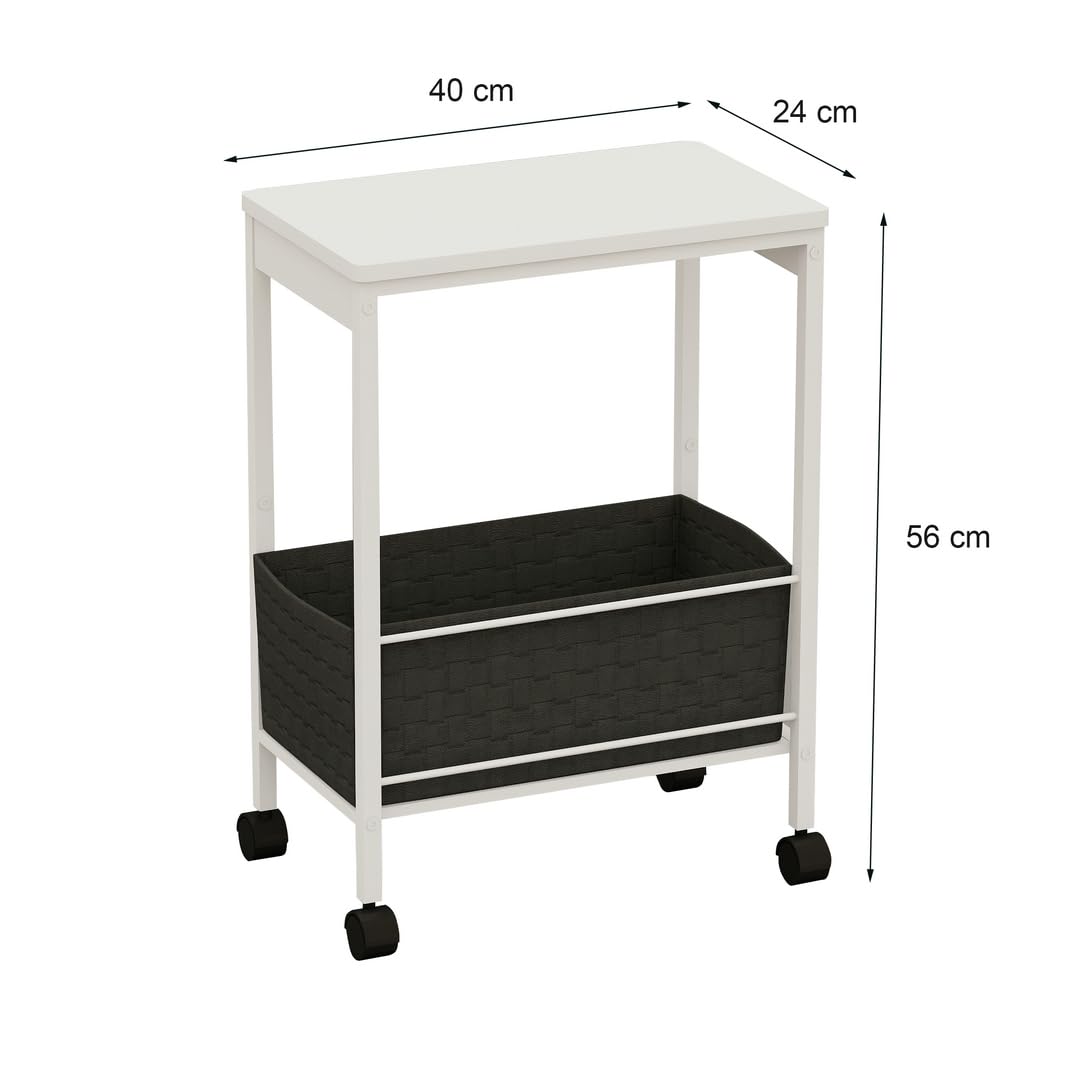 BAKLAM White Rolling Side Table with Storage Basket, Narrow End Table on Wheels for Small Spaces, 15.75" D x 9.84" W x 22.05" H Sofa Side Table with Fabric Bin for Living Room and Bedroom