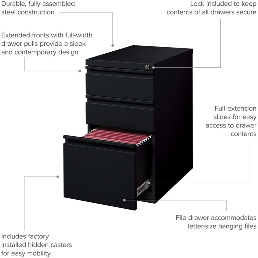 Hirsh Industries 3-Drawer Metal Mobile Pedestal, 20" Deep Box/Box/File Configuration, Black Finish, 27.75" H x 15" W x 19.88" D, Locking File Cabinet with Hidden Casters, Office Storage Solution