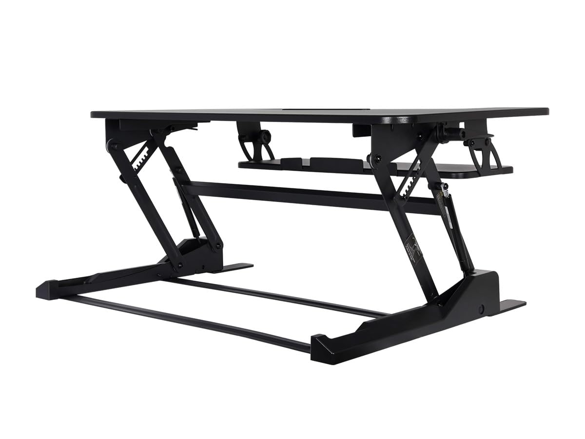 Monoprice Height‑Adjustable Gas Spring Dual Handle Sit‑Stand 36-inch Workstation Desk Converter with Keyboard Tray, High Strength Steel Frame, Waterproof Surface