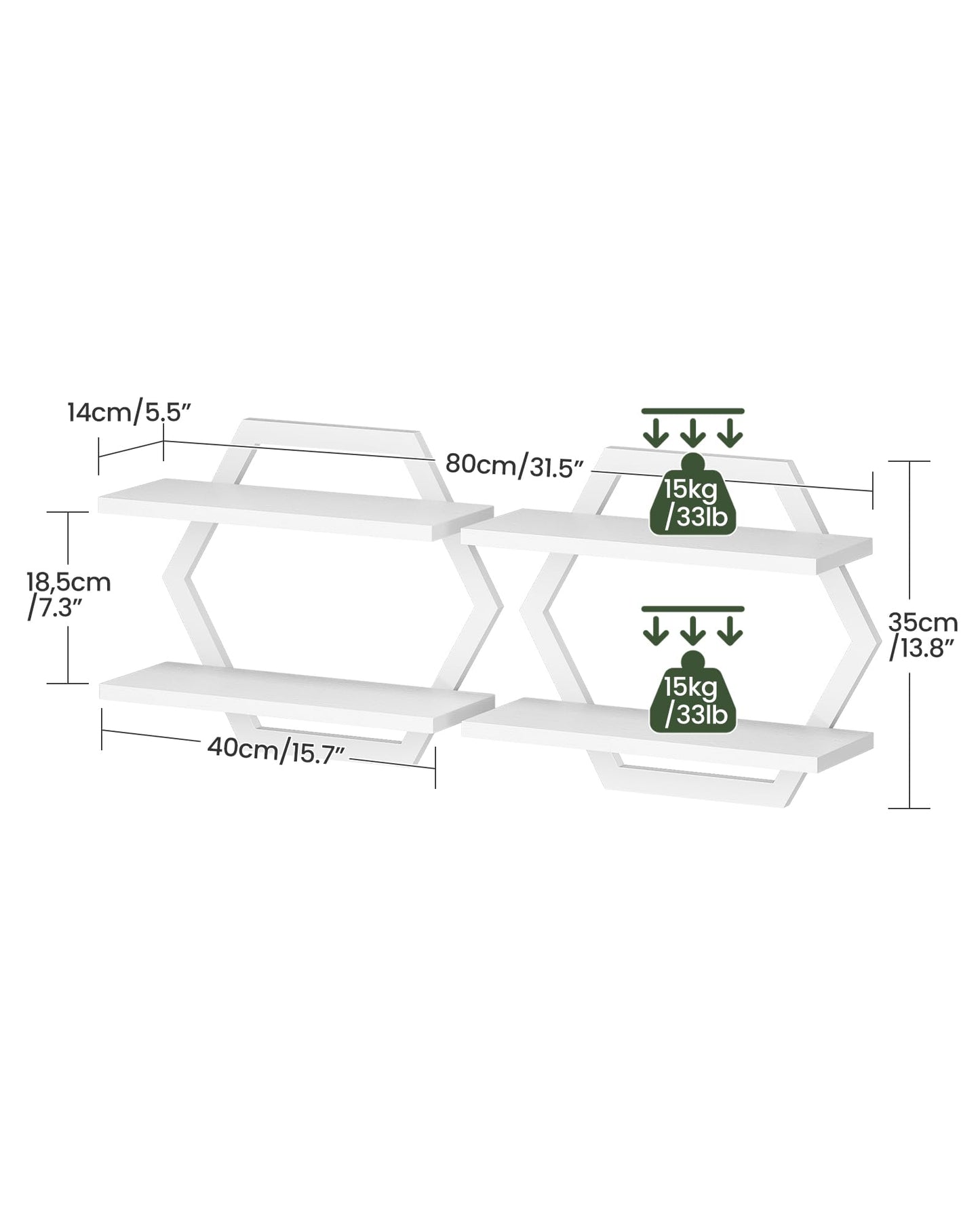 CHOEZON Hexagon Floating Shelves for Wall, Set of 2, 2 -Tier Hanging Shelves, Wall Mounted Storage Shelves, for Living Room, Bedroom, Kitchen, Home Office, Study, White TBJ06P2WB