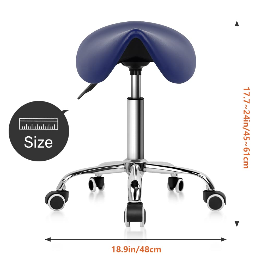 KKTONER Rolling Saddle Stool PU Leather Swivel Adjustable Rolling Stool with Wheels Salon Chair (Blue)
