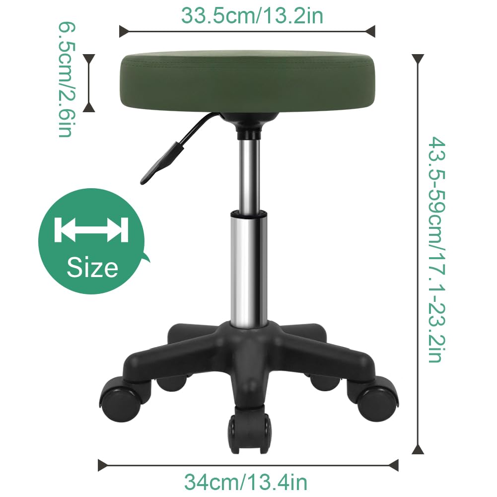 FURWOO Round Rolling Stool Height Adjustable Stool with Wheels for Spa Salon Massage Green