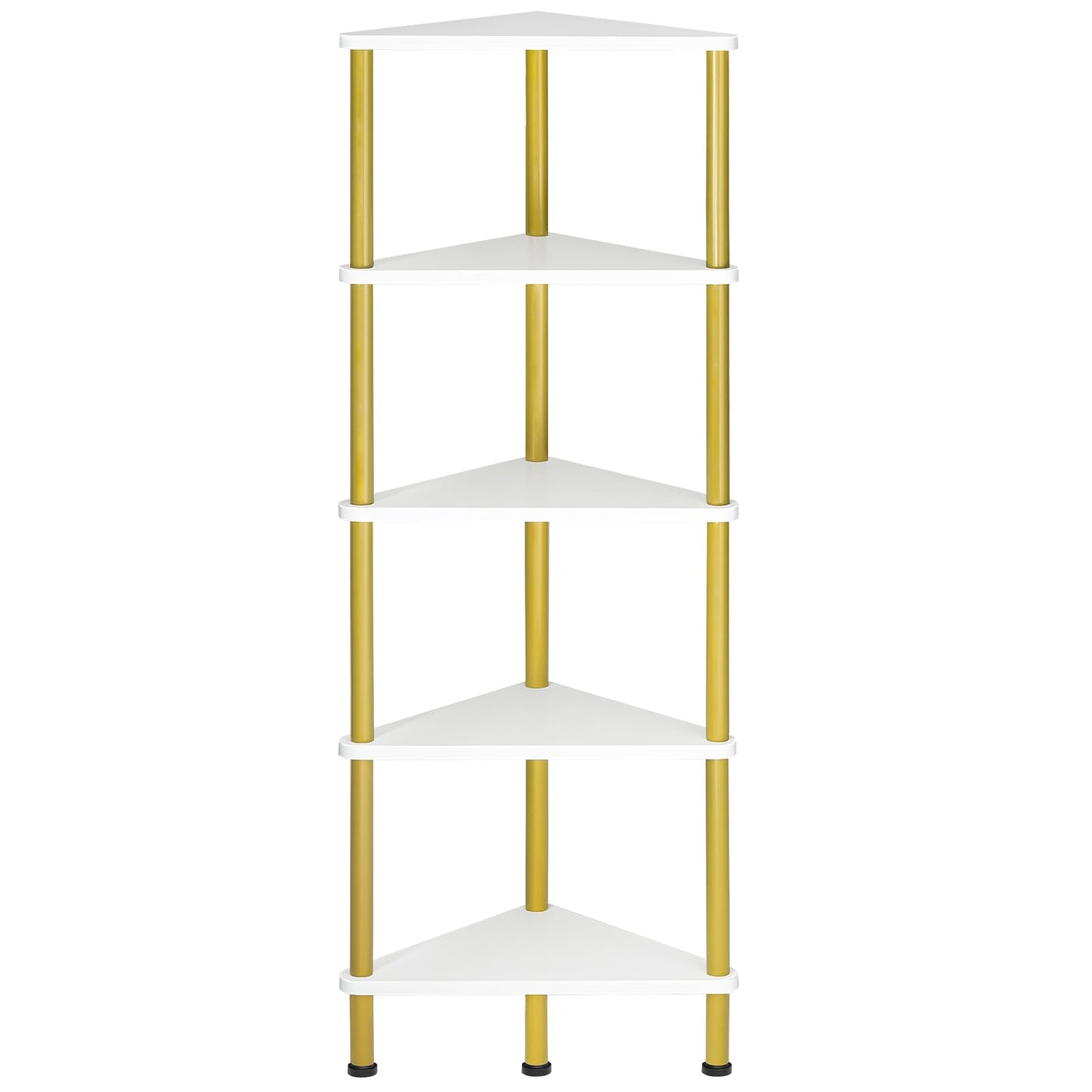 HOOBRO Corner Shelf Stand, Industrial 5-Tier Wall Corner Bookshelf with Metal Frame, Plant Display Shelf, Bookcase for Small Spaces, Bedroom, Living Room, White and Gold DW33CJ01