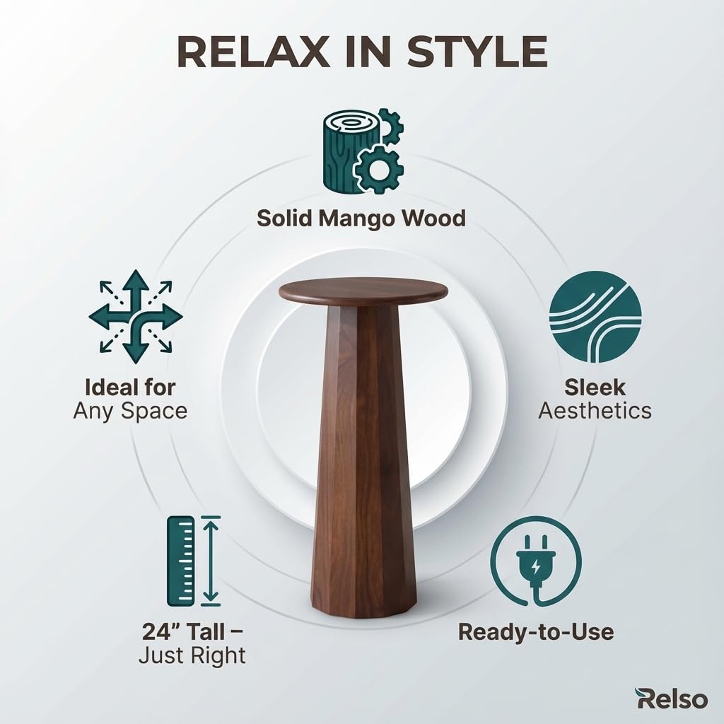 Relso Enteka Solid Mango Wood End Table – 24" Tall Accent Side Table with Walnut Finish | Handcrafted Coffee Table, No Assembly Required | Perfect for Modern Living Rooms, Farmhouses, Small Spaces