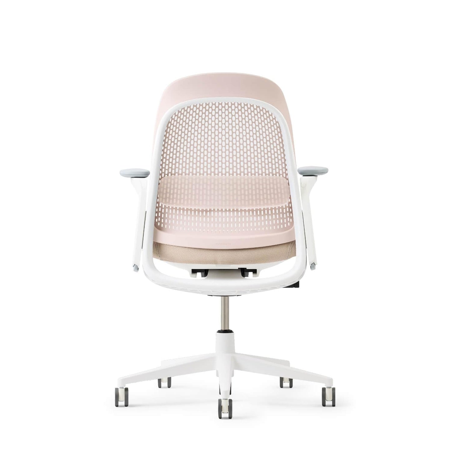 Haworth Breck Office Chair - Ergonomic Desk Seat with Height-Adjustable Lumbar Support, White Trim, Duo-Tone Hard Casters, and 4D-Arms (Blush)