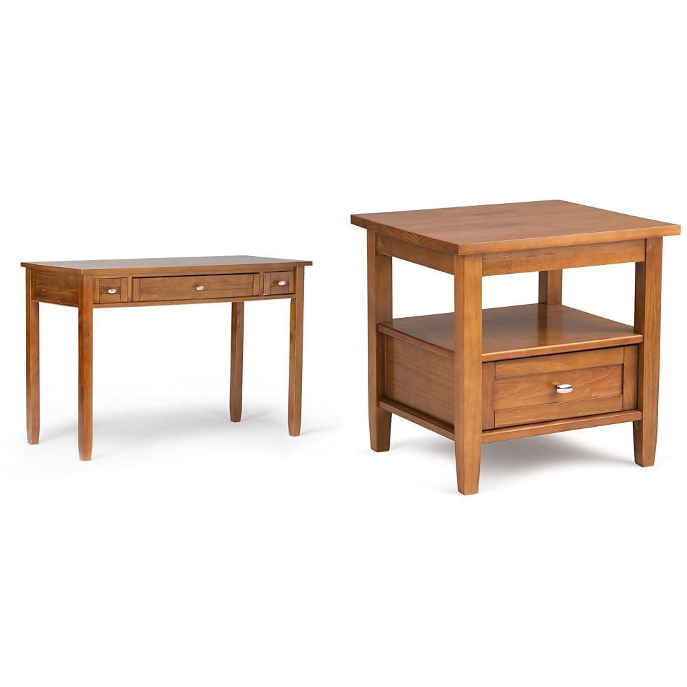 SIMPLIHOME Warm Shaker Solid Wood 48 inch Home Office Desk and 20 inch Rectangle End Side Table in Light Golden Brown