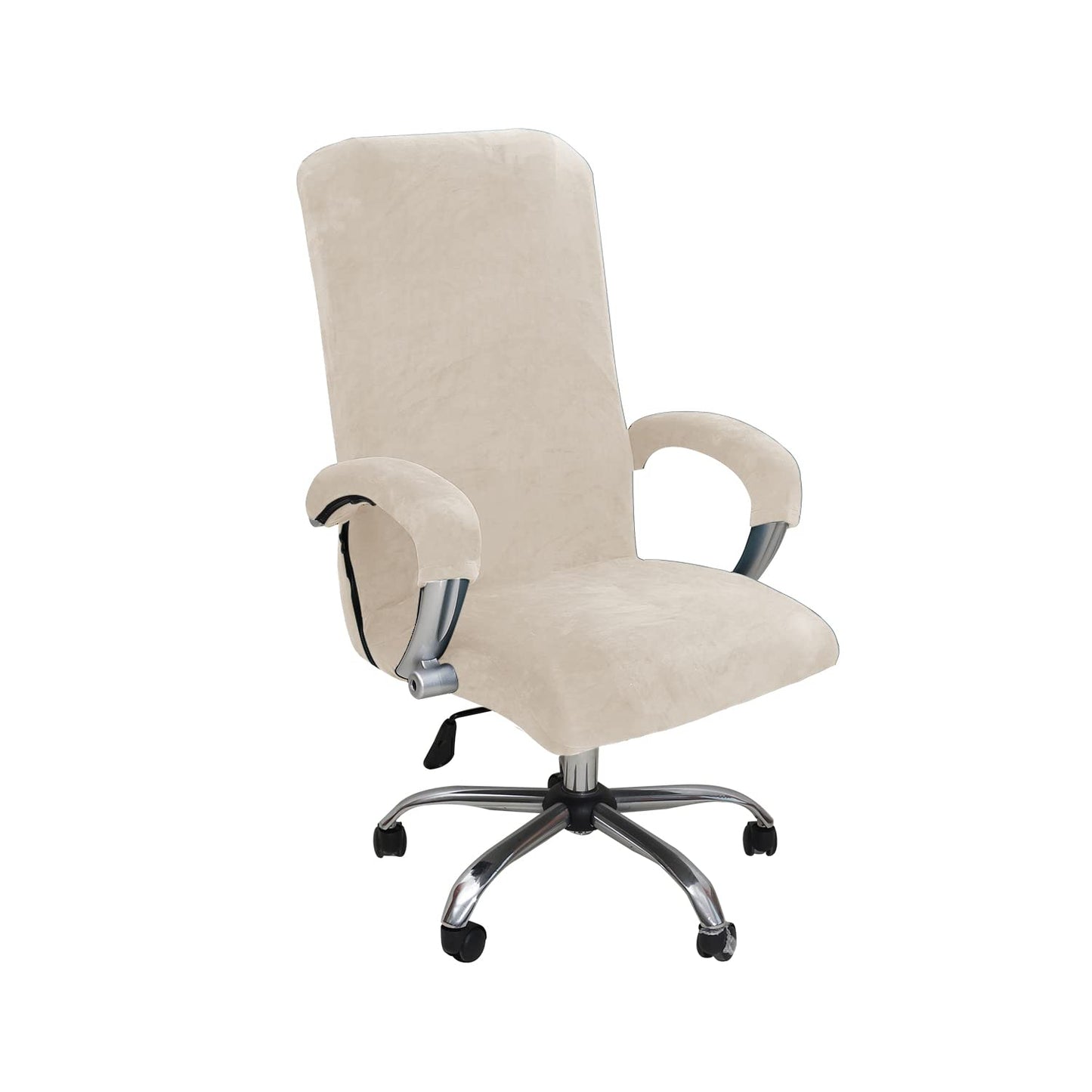 Velvet Plush Stretchable Office Desk Chair Cover Cat Proof with Wheels, Chair Seat Cover with Armrest Protector for Pets & Kids, Removable for Ergonomic Mesh Computer Rolling Chair, Beige, XL