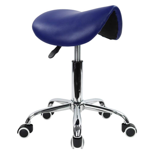 KKTONER Rolling Saddle Stool PU Leather Swivel Adjustable Rolling Stool with Wheels Salon Chair (Blue)