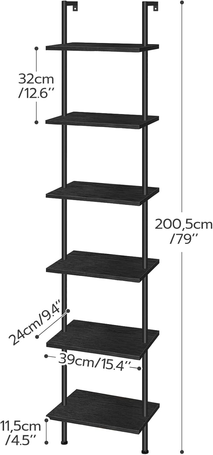 HOOBRO DIY Ladder Shelf, 6-Tier Wooden Wall Mounted Bookshelf, Narrow Bookcase