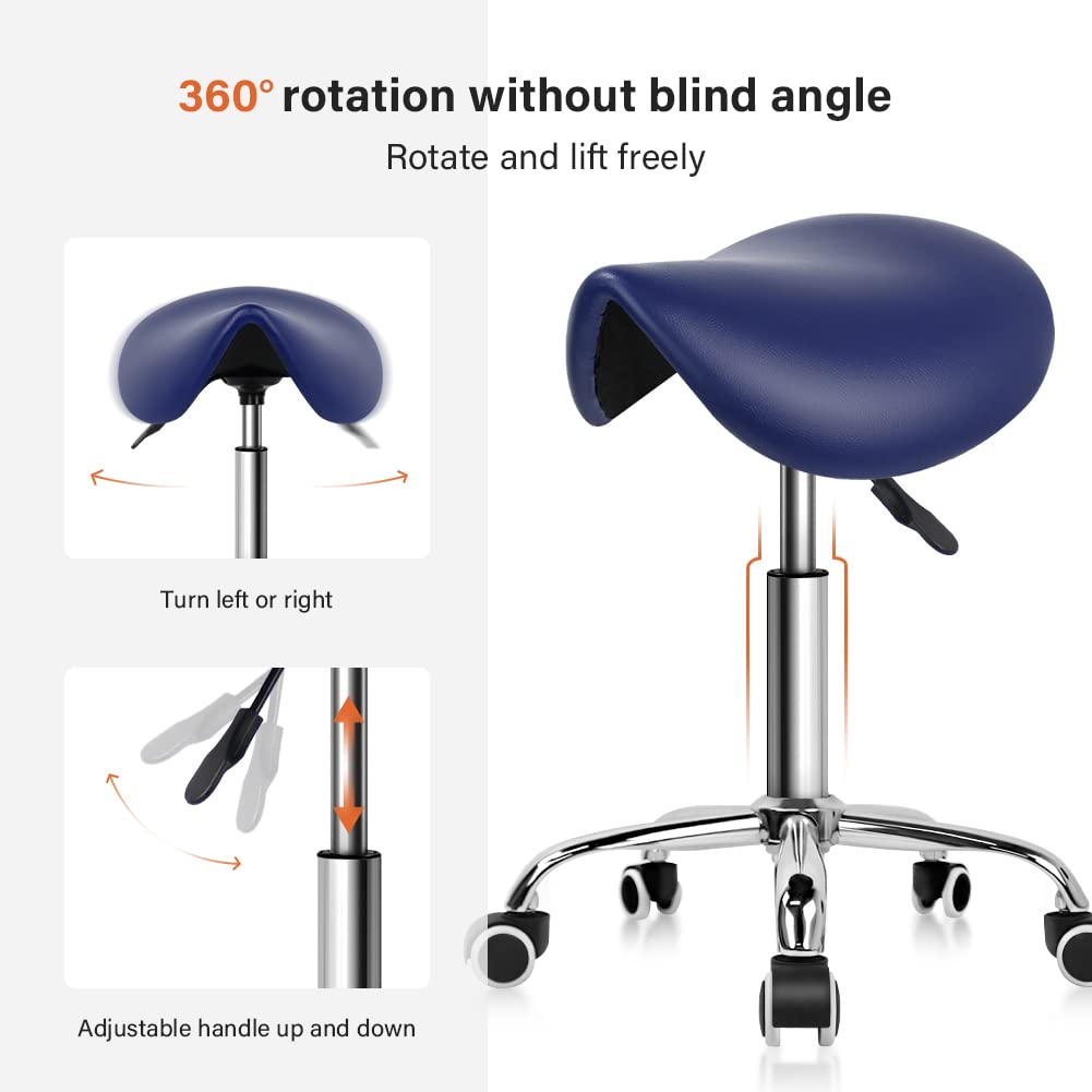 KKTONER Rolling Saddle Stool PU Leather Swivel Adjustable Rolling Stool with Wheels Salon Chair (Blue)