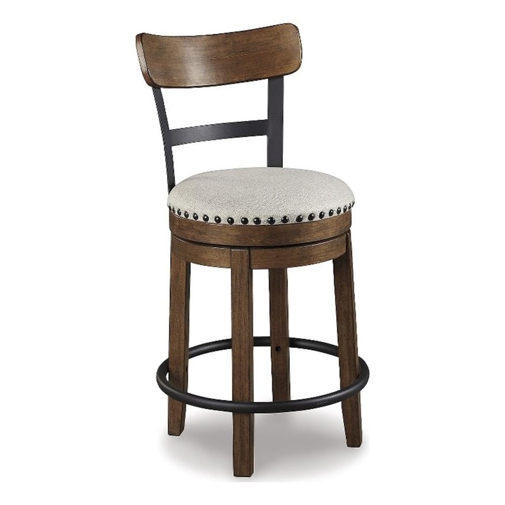 Signature Design by Ashley Valebeck Swivel Barstool With Back, Rustic-Industrial Wood and Metal, 360-Degree Swivel Counter Height Stool for Kitchen Island Seating, Linen Color