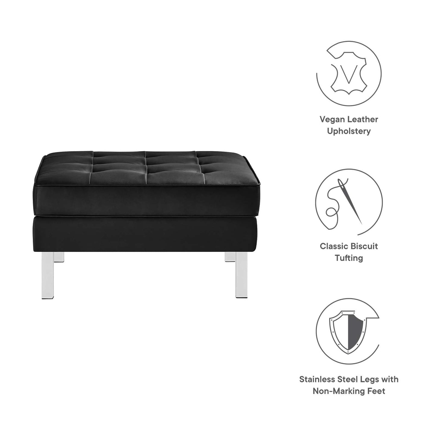 Modway Loft Tufted Button Faux Leather Upholstered Square Ottoman in Silver Black