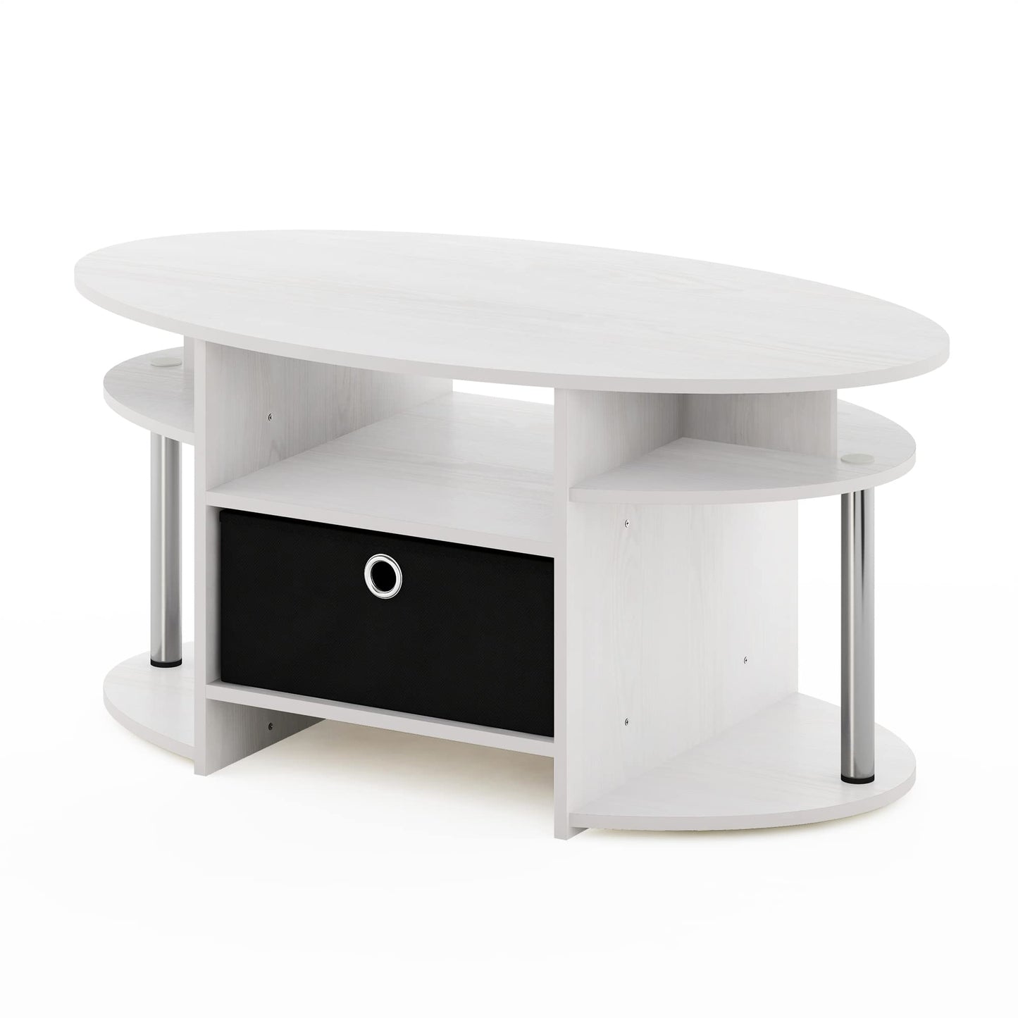 Furinno Jaya Oval Modern White Coffee Table with Side Shelves and Storage Bin, Side Table with Shelf, for Living Room, Bedroom, Home Office, White Wood/Stainless Steel