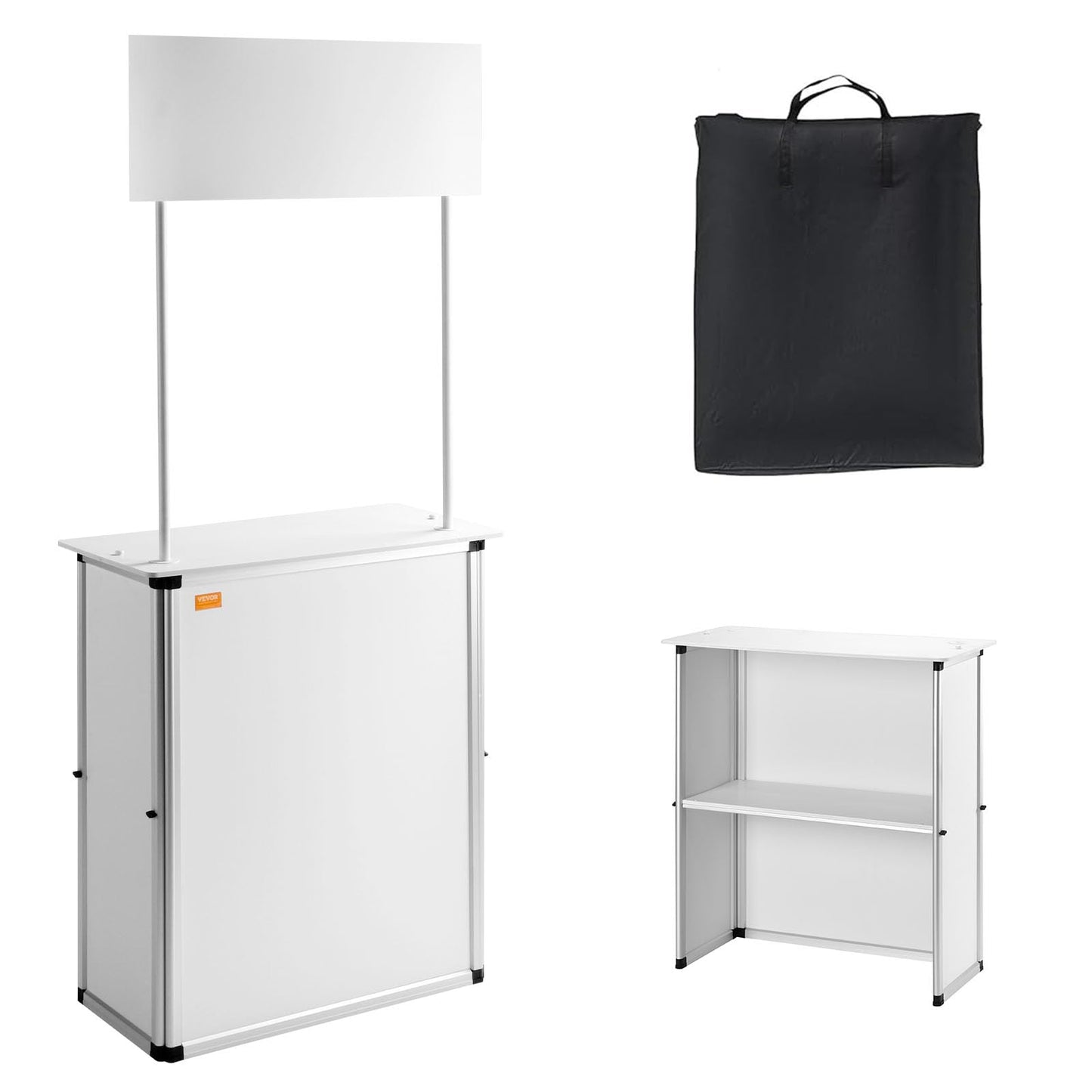 VEVOR Promotion Counter Table, Portable Tradeshow Podium Table, 30.91" x 14.96" x 71.46", Display Exhibition Counter Stand Booth Fair with Wall, Pop Up Podium with Storage Rack/Carrying Bag