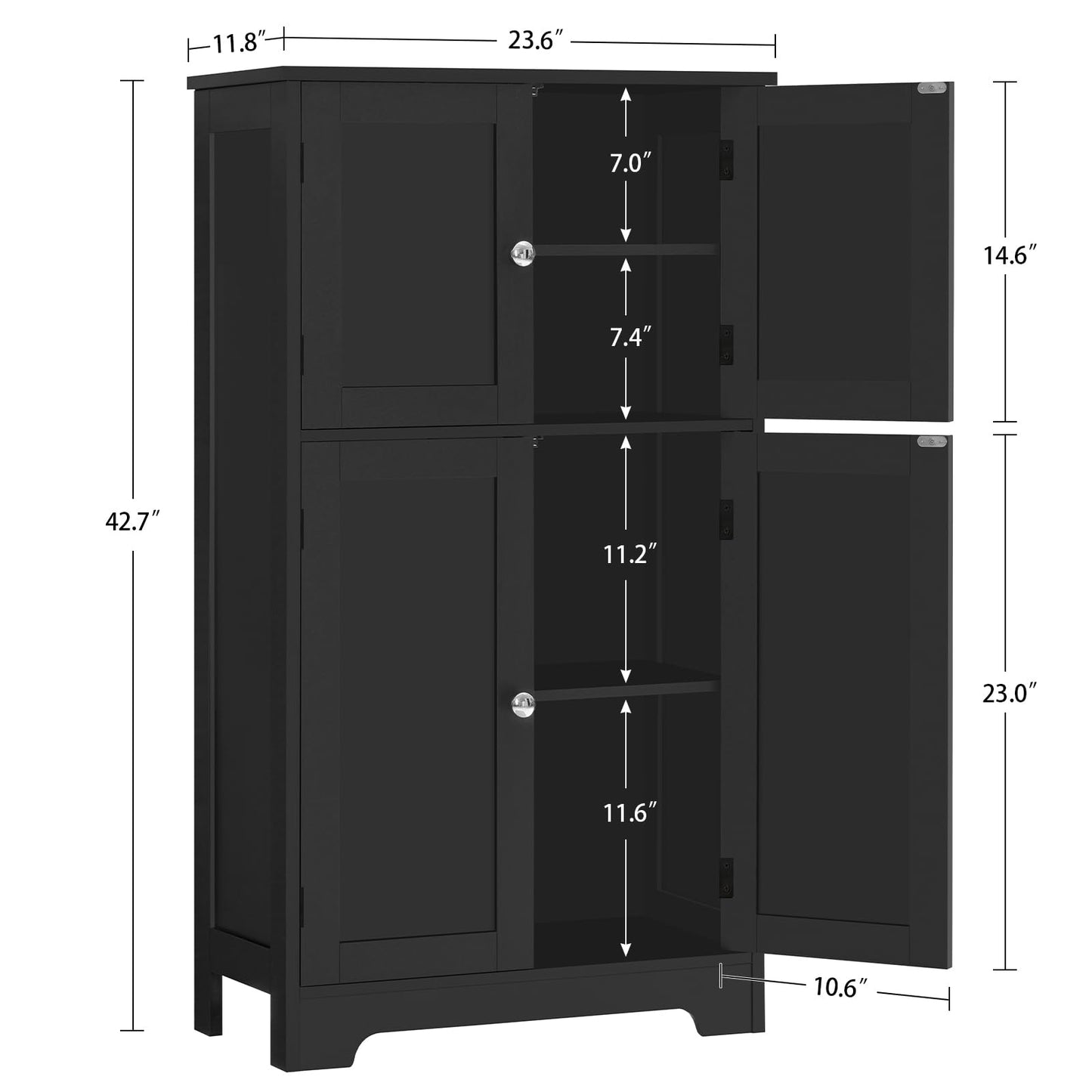 TEENFON Storage Cabinet, Rattan Cabinets with 2 Adjustable Shelves & 4 Doors, Bathroom Cabinet, Cupboard, Floor Cabinets for Living Room, Entryway, Kitchen, Home Office, Black