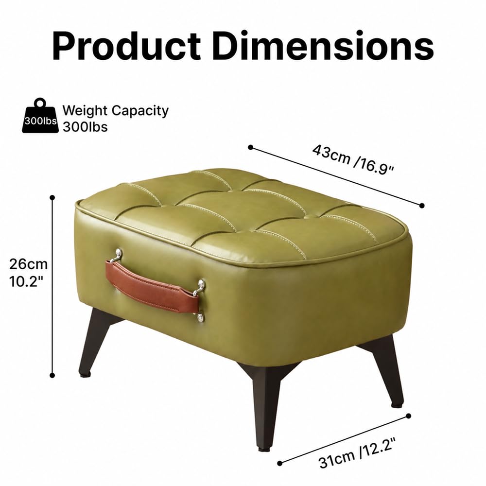 Vintage Style Faux Leather Ottoman Footstool - Wooden Frame, Upholstered Interior, Multi-Use Footrest for Living Room, Entryway, Office (Azure Green)