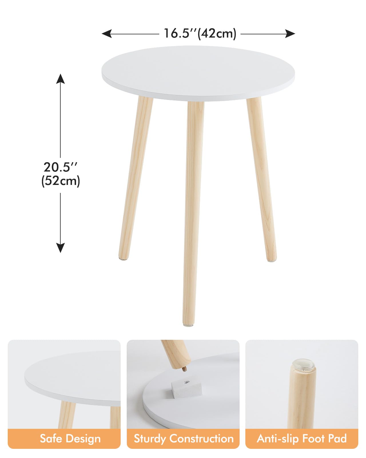 Apicizon Round Side Table Set of 2, White Nightstand Coffee End Table for Living Room, Bedroom, Small Spaces, Modern Home Decor Bedside Table with Natural Wood Legs, 16.5 Inches