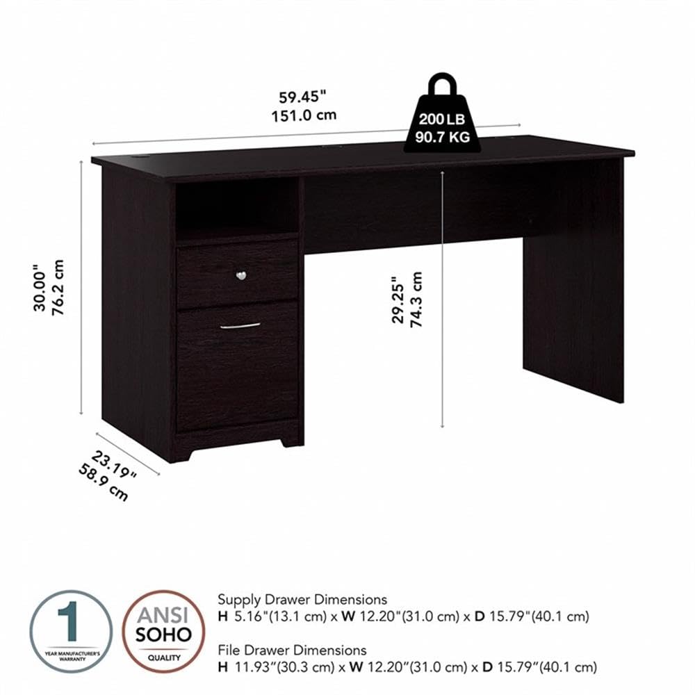 Bush Home Cabot 60W Computer Desk with Drawers in Espresso Oak, Workstation and File Storage, Desktop with Organization Solutions for Home Office