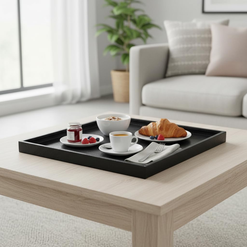 QAVOL 30x30 Inch Square Ottoman Tray - Faux Leather Large Serving Tray for Couch/Coffee Table, Family Dinner, Party Decor (30 inch Black)