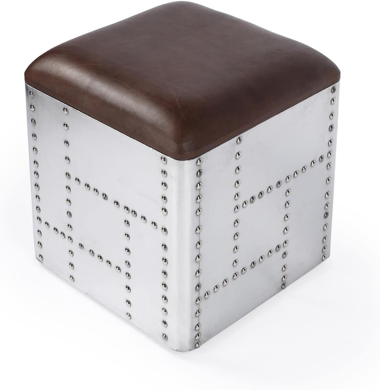 NauticalMart Wooden Square Ottoman Side Table Midway Aviator Leather Stool