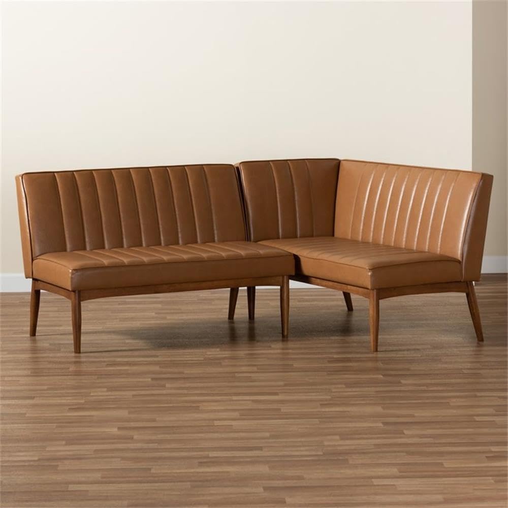 Baxton Studio Daymond Mid-Century Modern Tan Faux Leather Upholstered and Walnut Brown Finished Wood 2-Piece Dining Nook Banquette Set