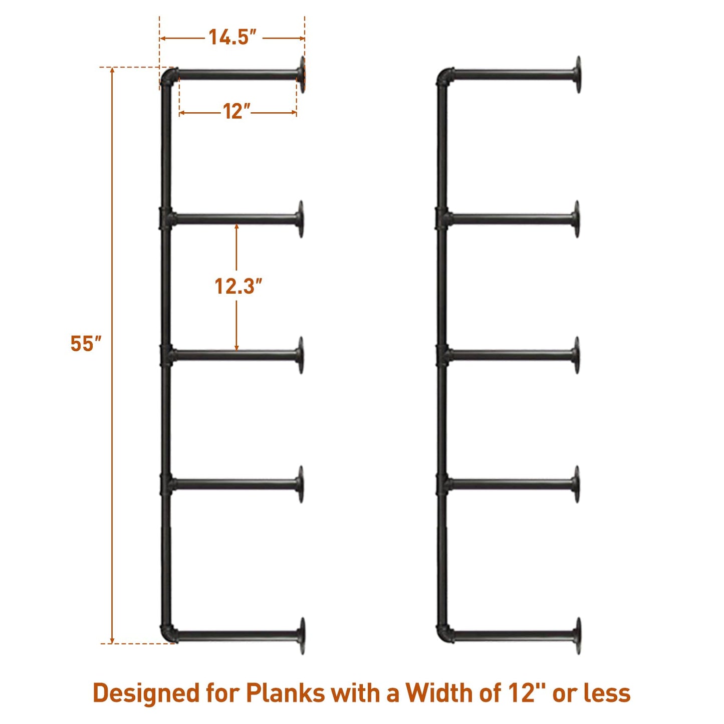 HITOMEN Industrial Iron Pipe Shelves, 2 Set 5-Tier, 55" Tall, 12" Depth, DIY Open Bookshelf Bookcase, Wall Mounted Vintage Retro Shelving, Rustic Farmhouse Pantry Kitchen Storage, Black Shelf Brackets