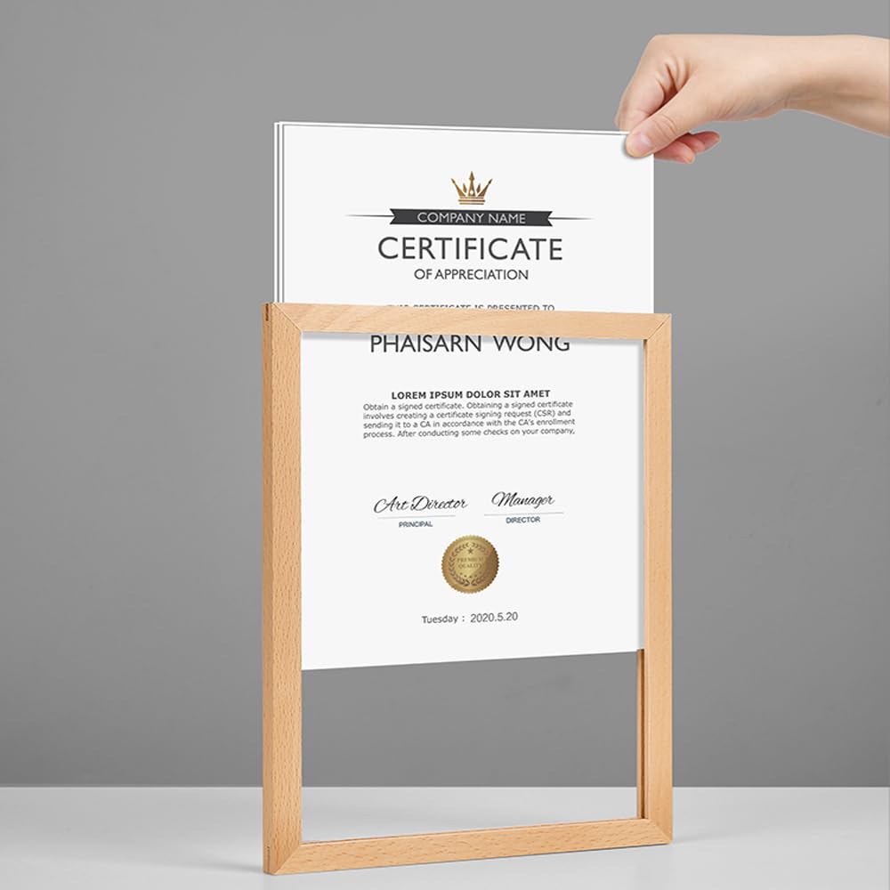 ECKEK Wall Mount Acrylic Sign Holder Self Adhesive Magnetic Display Frame Clear Document Frame for Office, Store, School, Home, Wall Picture Frame (Sapele Wood A5 148×210mm/5.83×8.27inches)