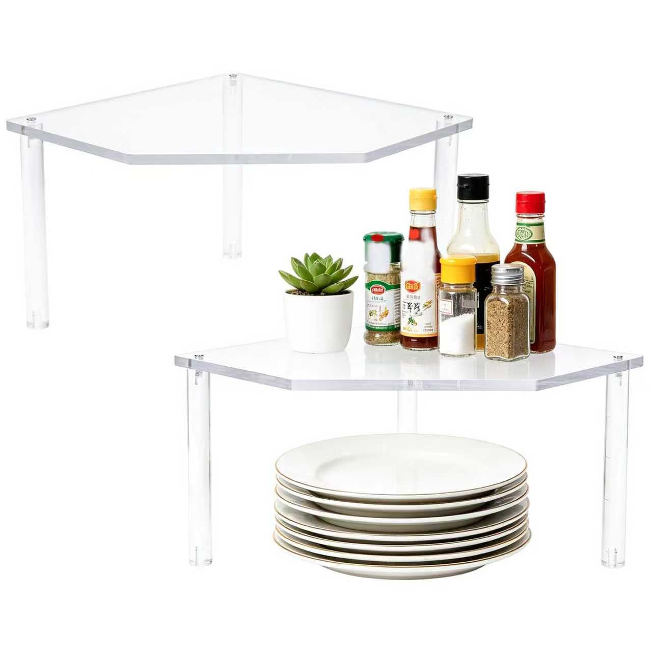 AKAZA 2Pcs 2-Tier Corner Stackable Organizer Shelf for Bathroom & Kitchen - Cabinet Storage Shelf Rack, Shelves, Kitchen Counter and Cabinet Shelf, Storage Rack Organizer (Clear)