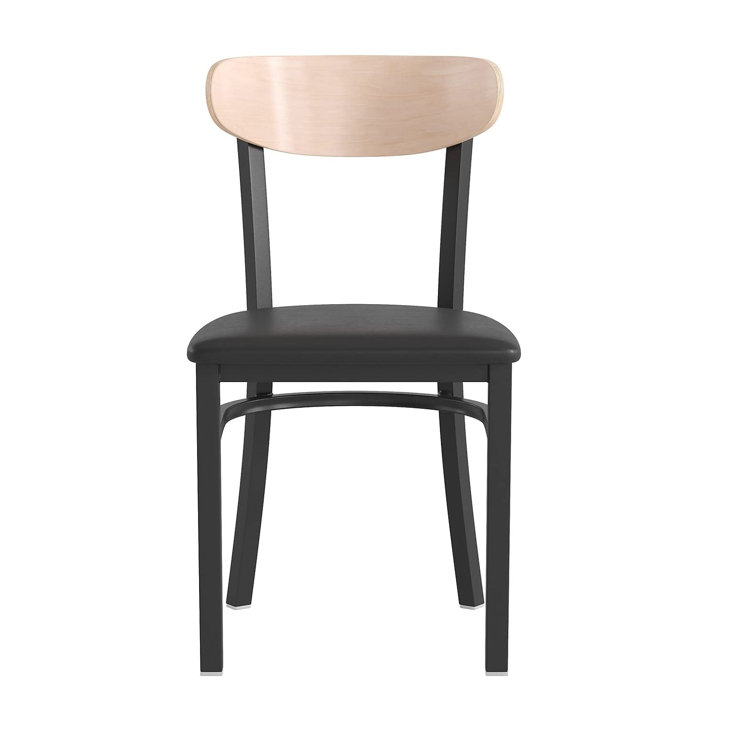 Flash Furniture Wright Set of 2 Commercial Dining Chairs - Natural Wood Boomerang Back - Black Vinyl Seat - 500 LB. Capacity Black Steel Frame-Integrated Footrest