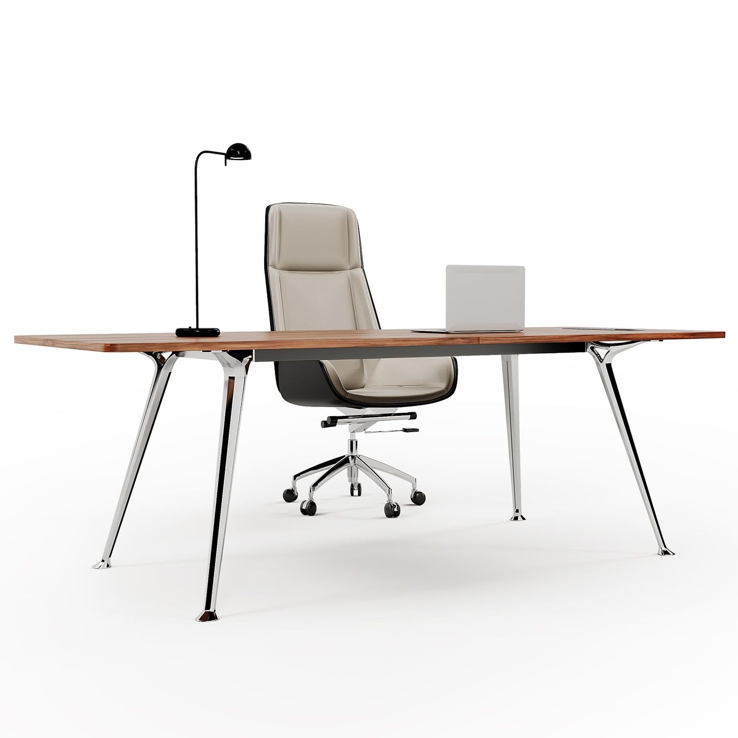 60-Inch Executive Desk, Modern Desk for Home Office, Wooden Study Writing Work Table with Power Outlets and USB-C Port, Large Legroom, Sturdy Metal Frame, Mid-Century Modern Simple, Walnut Brown