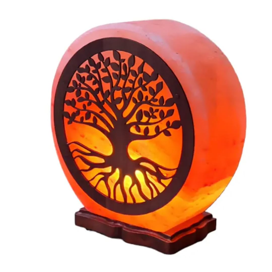 SAF Naturals Himalayan Pink Salt Lamp with Tree of Life Design 6 Inch Hand-Carved, Wooden Base, for Home Decor, Meditation & Gifts
