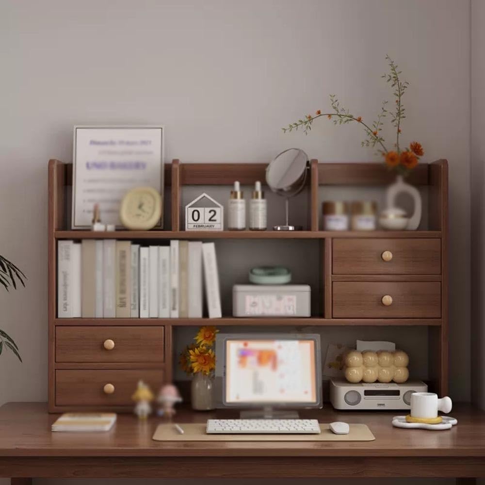 Wood Desktop Bookshelf Desk Book Shelves 83x17x80cm Large Capacity Office Storage Rack with 4 Drawers Countertop Bookcase Shelf(Brown,113x17x80cm)