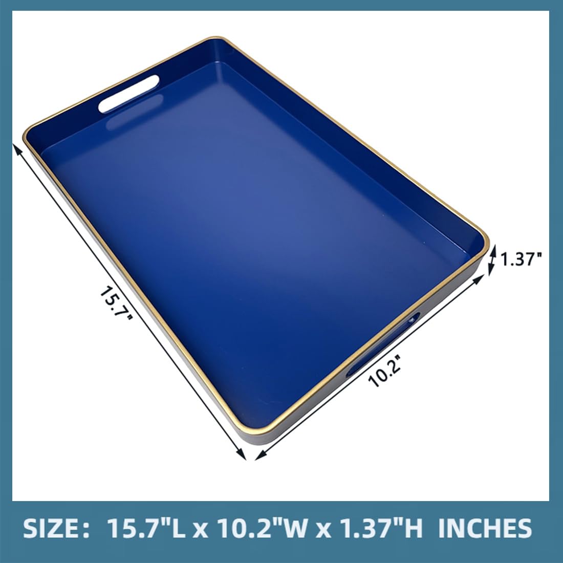 UOEKCS Navy Blue Serving Tray with Handles, Rectangular Decorative Tray for Coffee Table, Plastic Rectangular Tray for Ottoman, Living Room, Bathroom, Home Decor 15.7” x 10.2” x1.37”
