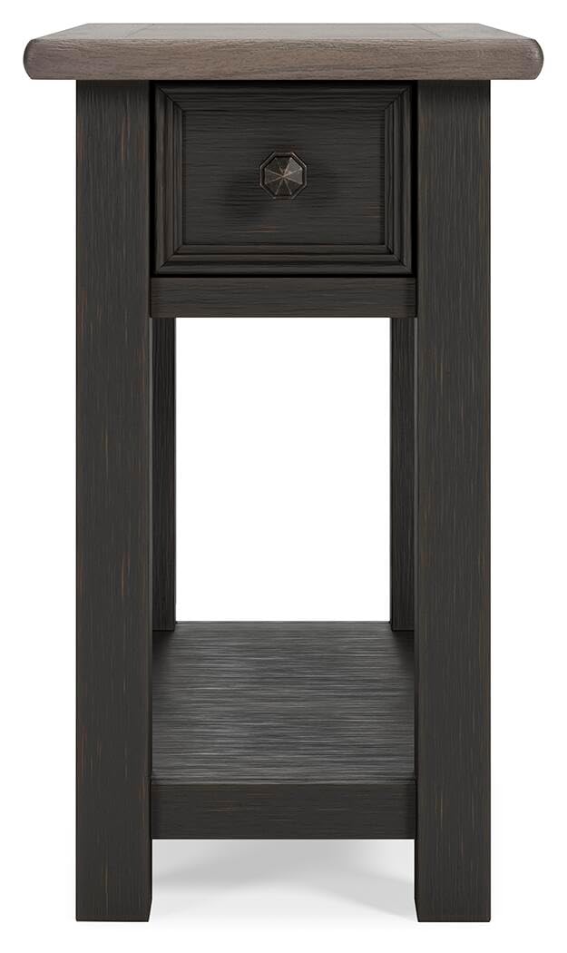 Signature Design by Ashley Narrow Side Table with Charging Station, Tyler Creek Chairside End Table, Wood, Smooth-Gliding Storage Drawer, Living Room Furniture, Grayish Brown/Black