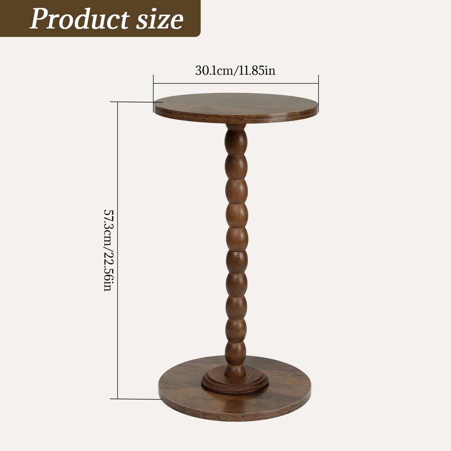 FIAHOSEY Small Walnut Drink Table - 22.56" Tall Vintage Bobbin End Table for Small Spaces, Dark Wood Pedestal Accent Table for Living Room, Classic Martini Table