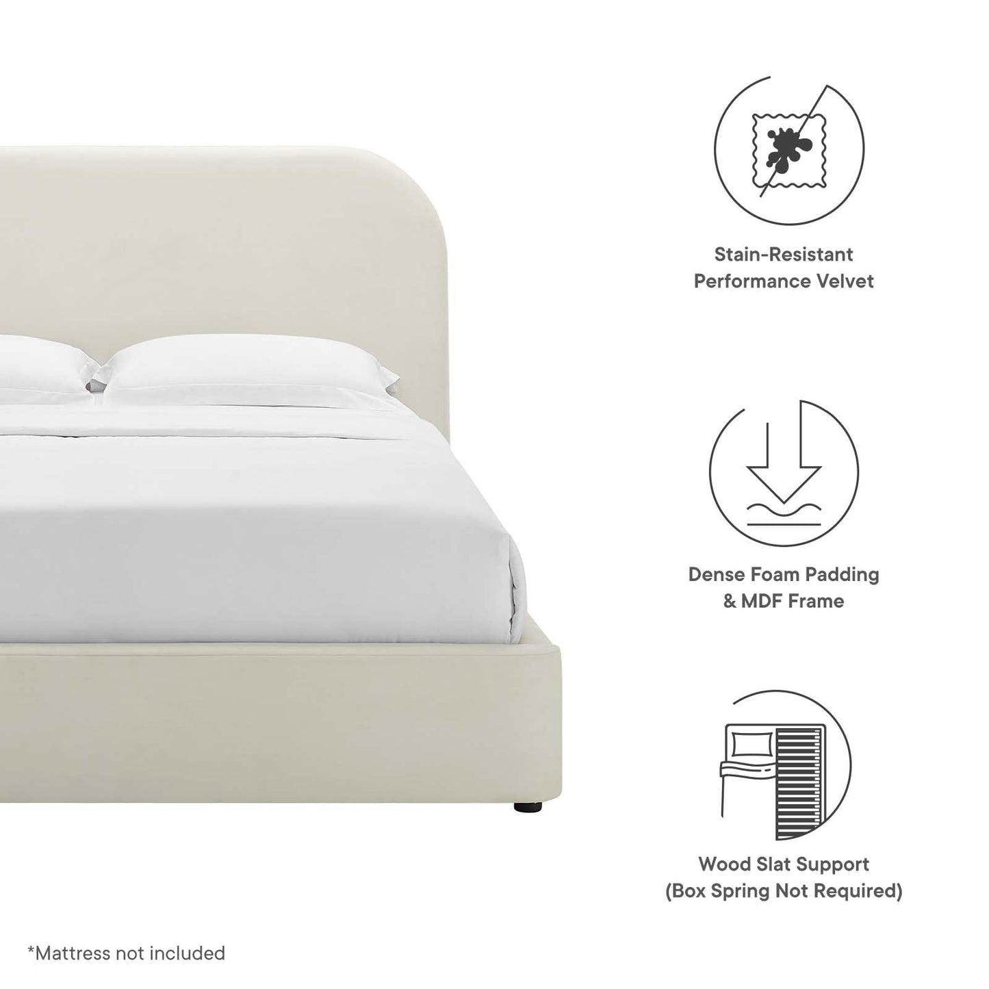 Modway Keynote Modern Queen Bed Frame with Curve Shaped Headboard in Alabaster, Upholstered in Performance Velvet, Queen Size Platform Bedain-Resistant Velvet Bed, Soft Cloud Bed Frame