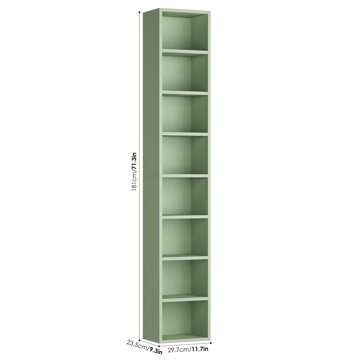 FOTOSOK 8-Tier Media Tower Rack, 11.6 X 9.3 X 70.9 Inches CD DVD Slim Storage Cabinet with Adjustable Shelves, Tall Narrow Bookcase Display Bookshelf for Home Office, Green
