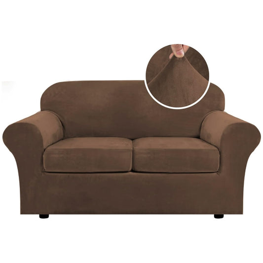 H.VERSAILTEX Real Velvet Plush 3 Piece Stretch Sofa Covers Couch Covers for 2 Cushion Couch Loveseat Covers Width Up to 72 Inch Thick Stay in Place (Medium Sofa, Caramel Cafe)