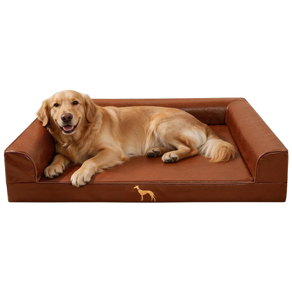 SOMAHE Leather Dog Bed Couch, Orthopedic Waterproof, 35"x28", Brown