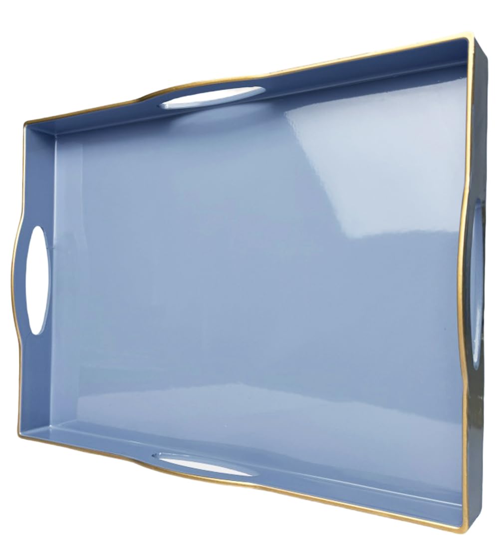 Umisriro Blue Serving Tray with 4 Handles, Plastic Decorative Tray for Coffee Table, Ottoman - Ideal for Living Room & Bathroom. 15” x 11” x 1.9”