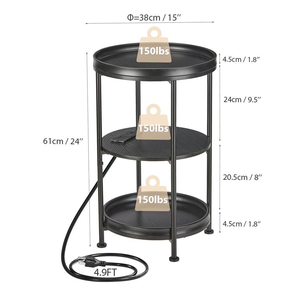 Dulcii Round Side Table with Charging Station, 24'' End Table with 3 Shelves for Living Room, Bedroom Nightstand with Steel Frame for Small Spaces, Industrial Round Sofa Table (USB+Black)