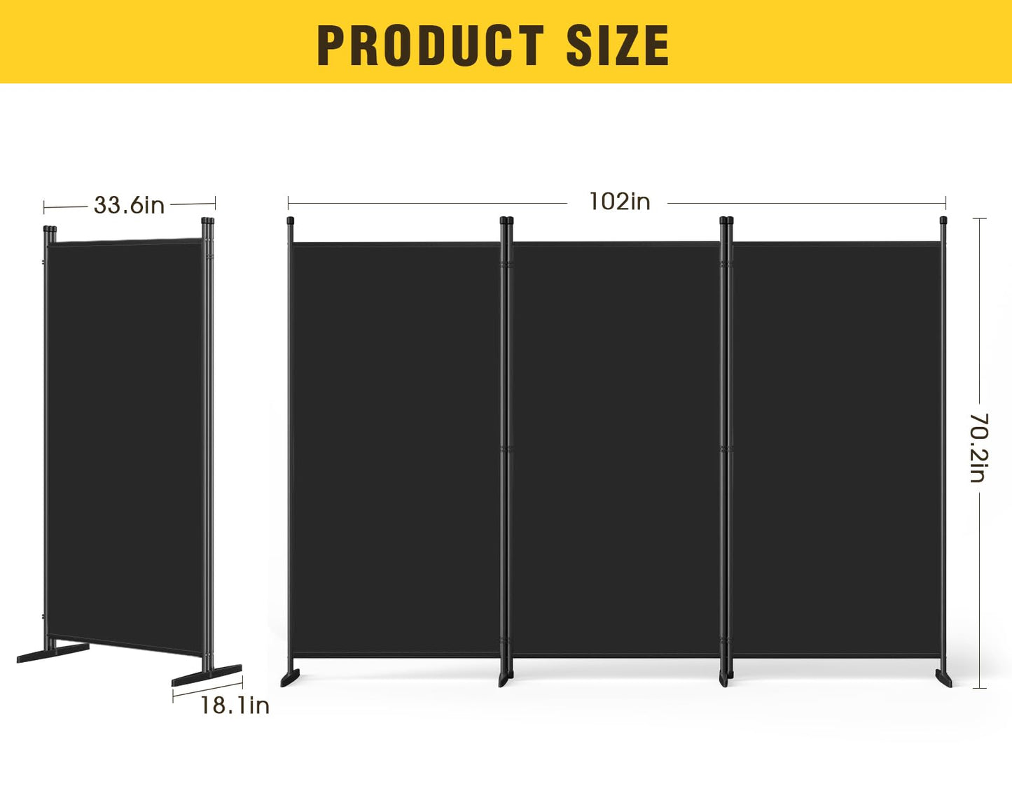 AKTOP 3-Panel Room Divider, Freestanding Wall Divider for Room Separation, Folding Privacy Partition Screen 70''W x 102''H, Portable Room Divider Panel Privacy Screen for Dorm Studio Office, Black